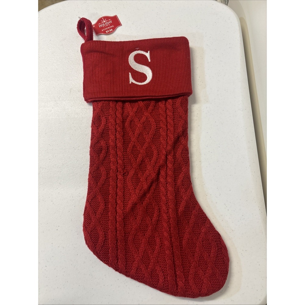 Holiday Time 20in Red Knit Embroidered Monogram Initial S Christmas‎ Stocking